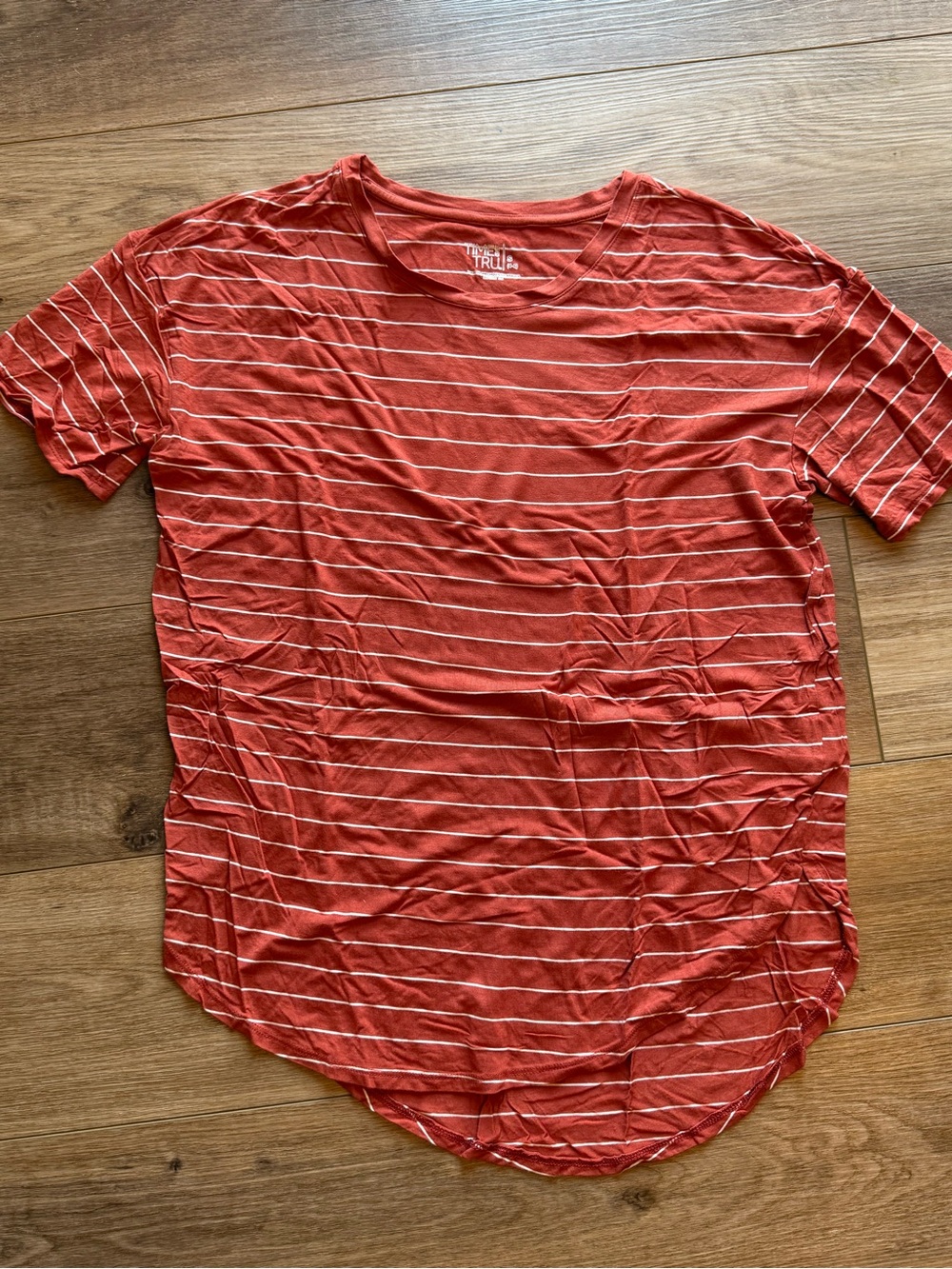 Time and Tru Rust Red & White Striped Short Sleeve Tee